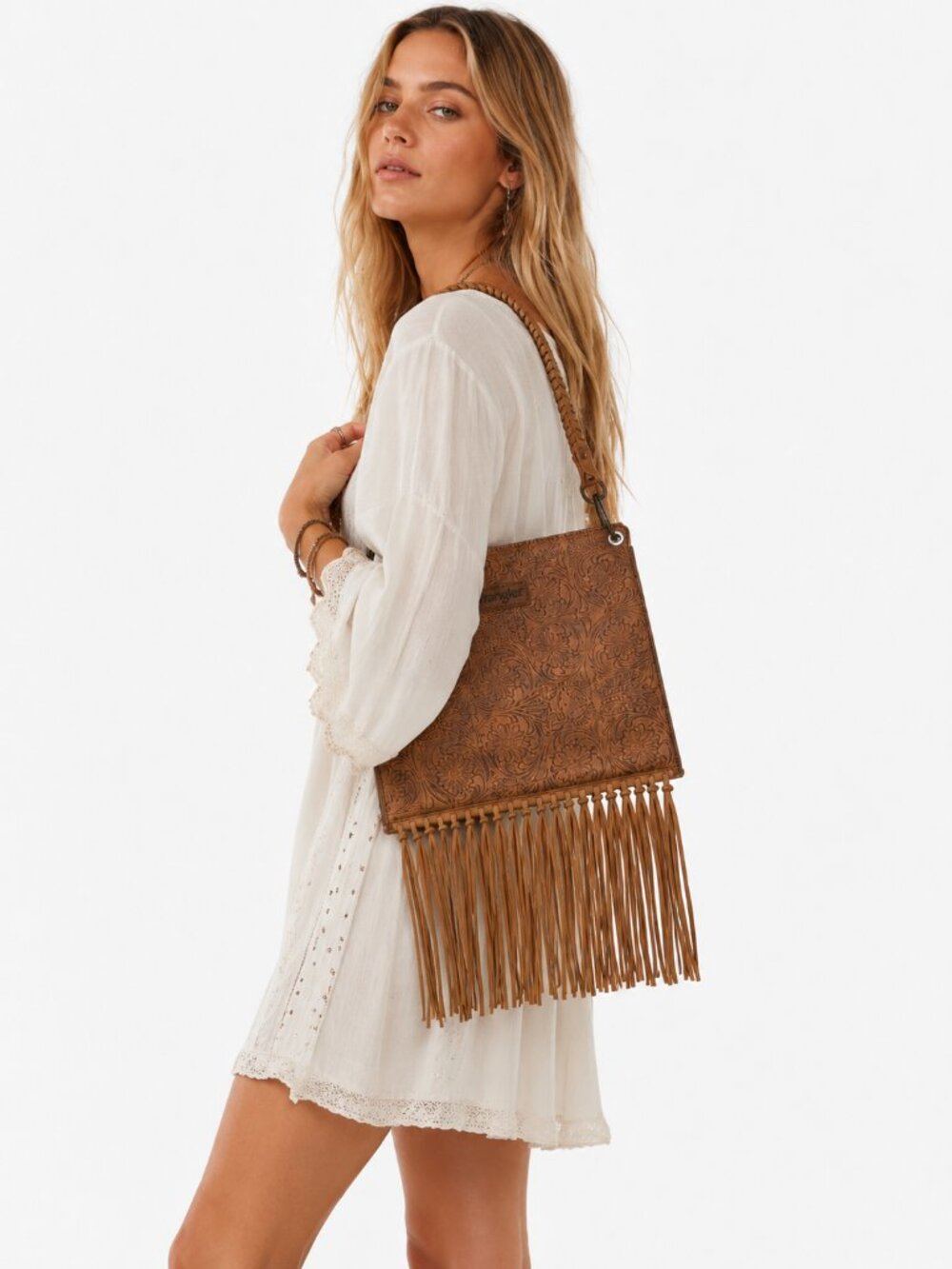 Wrangler Tooled Fringe Concealed Carry Crossbody Bag Tan Western Boho NWT